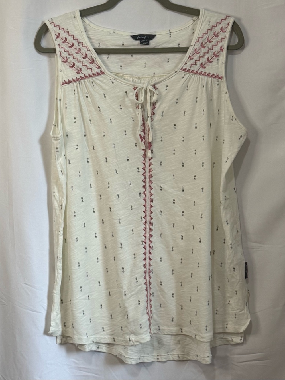 Eddie Bauer Cream Sleeveless BohoTie-Front Tank with Pink Embroidery